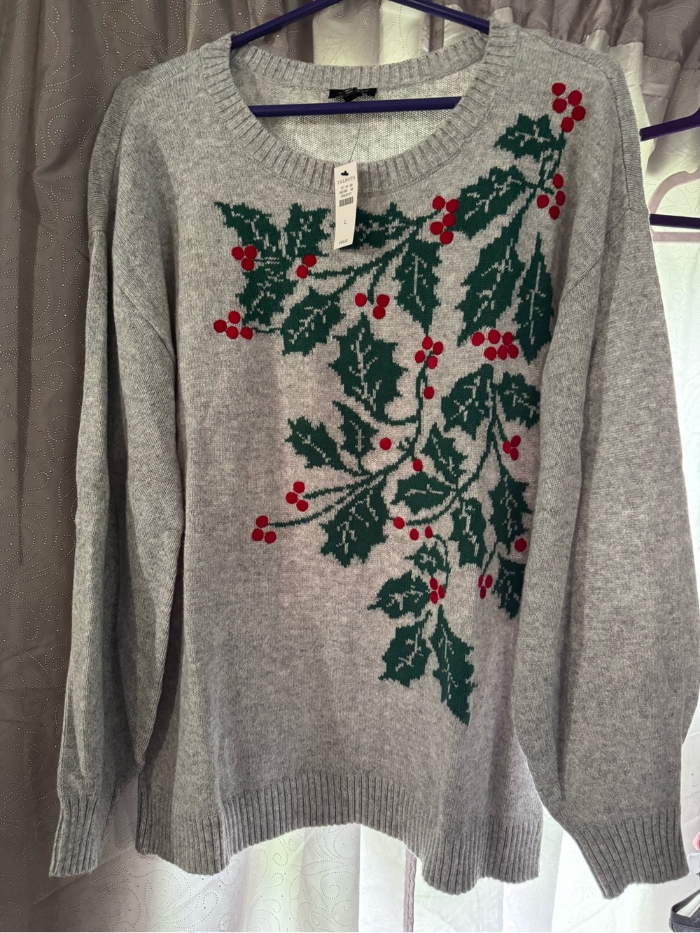 Talbots Gray Crewneck Sweater with Green Holly and Red Berries